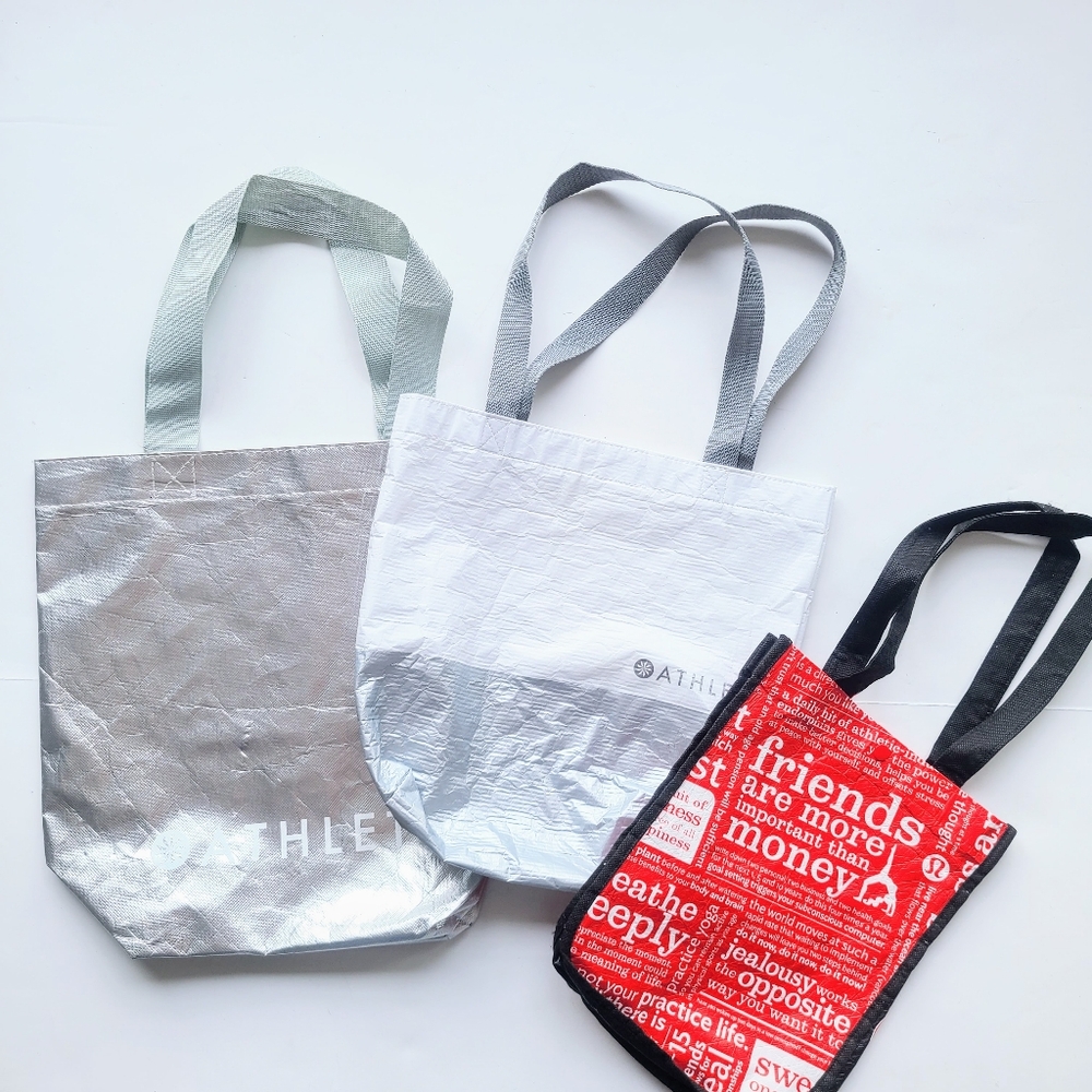 Lululemon Small Black/Red/White & Athleta Silver/White Shopping Tote Bags Bundle